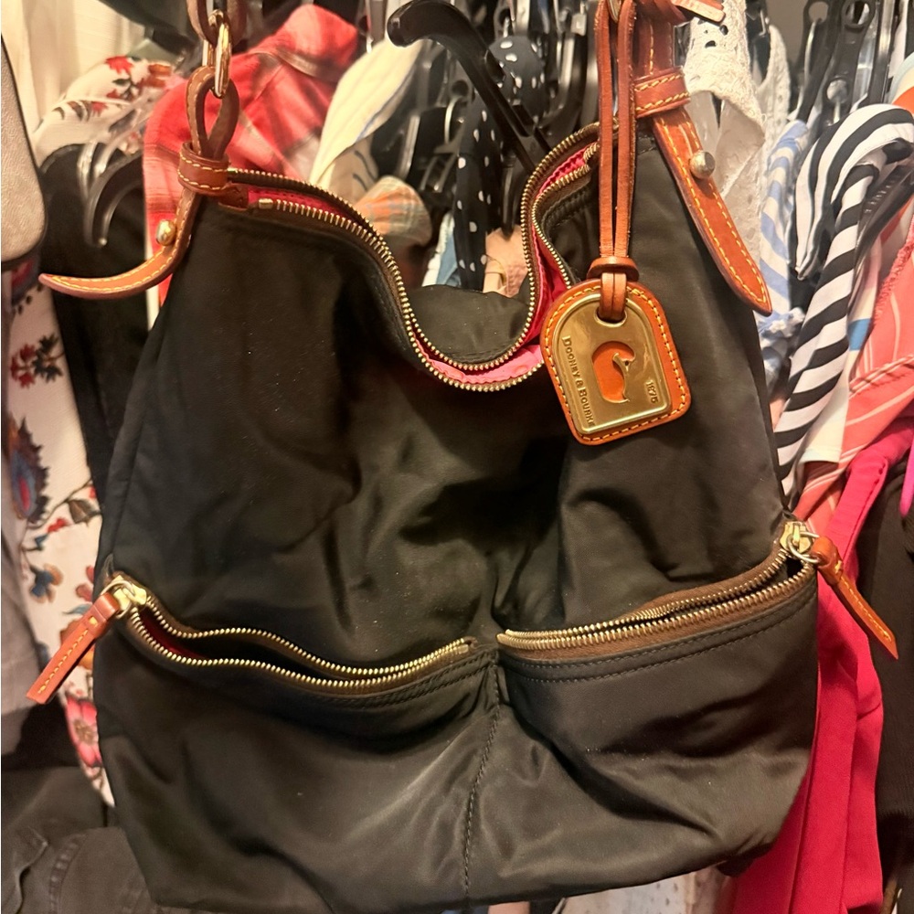 Dooney & Bourke Black and Brown Hobo Bag with Leather Trim